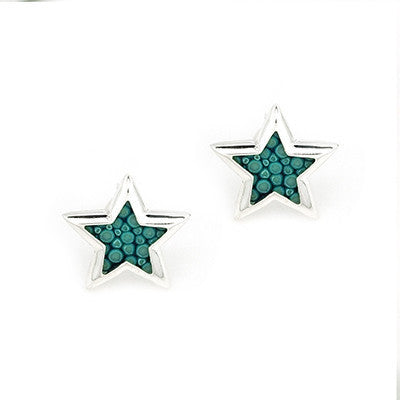 Lucky Start 925 Sterling Silver Green Shagreen Bezel Setting Star Stud Earrings