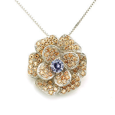 Vintage Flower Champagne And Purple CZ 925 Sterling Silver Necklace (16')