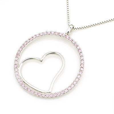 Heart In The Hoop Pave Style Pink CZ Crystal Accents 925 Sterling Silver Pendant (16")