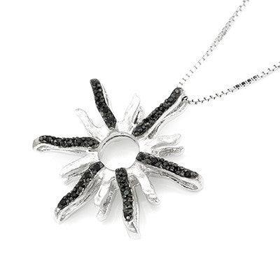 Sunflower Pave Style Black CZ Crystal Accents 925 Sterling Silver Pendant (16')