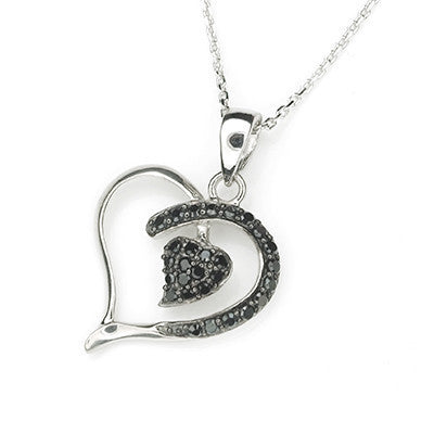 Double Heart Pave Style Black CZ Crystal Accents 925 Sterling Silver Pendant (16')