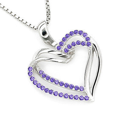 925 Sterling Silver Purple CZ Double Heart Necklace